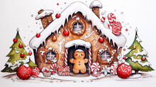 Delicious Sweet Gingerbread House Decorated With Candies, Cartoon