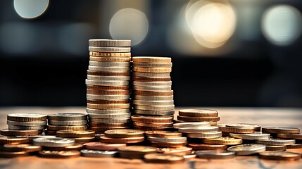 Sticker - stacks of coins on a table with a bokeh background