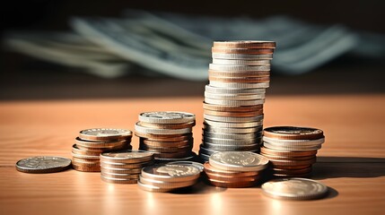 Sticker - stacks of coins on a table with a indoor background