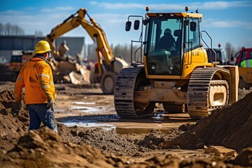 Wall Mural - Construction site: team of workers against the backdrop of large construction vehicles. Bulldozers and excavators. The process of preparing the foundation of a building