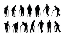 Elderly People With Walking Stick Cane Silhouette Set Vector.