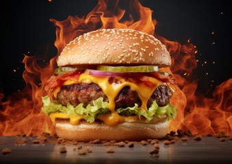 Wall Mural - Delicious fastfood grilled hot fresh tasty cheeseburger, hamburger, burger with french fries and fire flames isolated on black background