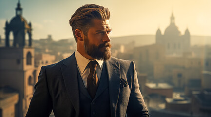 portrait of a handsome businessman on the roof of a skyscraper