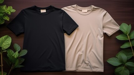 Two T-shirts black and beige colors on a one color background. Mock up. Blank for creating promotional products with prints and logo