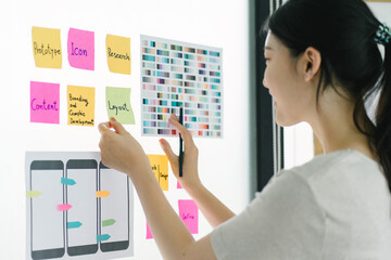 Wall Mural - creative ux ui designer working on screens for mobile responsive website development, focusing on ui