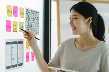 Wall Mural - creative ux ui designer working on screens for mobile responsive website development, focusing on ui