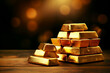 Gold bars Gold ingot, bullion gold, bank vault, stacked image. close up many pure gold bar ingot put on the black color with bokeh surface. many pile of gold bars in golden background.