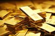Gold bars Gold ingot, bullion gold, bank vault, stacked image. close up many pure gold bar ingot put on the black color with bokeh surface. many pile of gold bars in golden background.