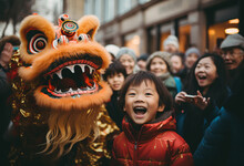 Chinese New Year Celebration With Chinese Kid Take Picture With Dragon Costume For Chinese New Year Celebration In The Street
