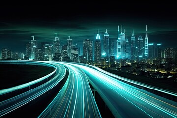 Urban rush. Nighttime traffic on modern city highway. Cityscape in motion. Speeding cars on lit up night road. Architectural marvels. Dynamic nightlife