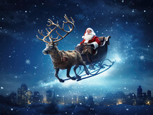 Santa Claus With Reindeers Sleigh Flying Over The City On Christmas Eve. Christmas, New Year, Winter And Holiday Greeting Card