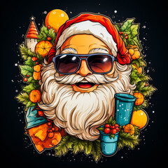 Sticker - Santa claus wearing sunglasses and santa hat and holding drink.