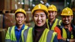 © sambath - Group of worker in a warehouse in high visibility vest, blurred shelves stacks background. Generative AI