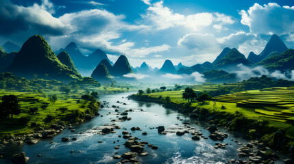 Wall Mural - Image of river running through lush green valley.