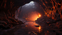 A Glowing Lava Tube Cave, Where The Fiery Red Glow Of Molten Lava Flows Beneath A Solid, Rocky Crust, Providing A Mesmerizing And Dangerous Spectacle