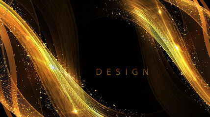 Wall Mural - Gold minimal wavy shapes with sparkles and tinsel on a black background.