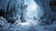 A cave filled with spectacular ice formations, such as icicles and ice crystals, creating a frozen wonderland