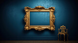 Fototapeta  - Antique art fair gallery frame on a royal blue wall at a museum or auction house.
