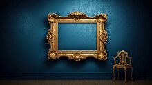 Antique Art Fair Gallery Frame On A Royal Blue Wall At A Museum Or Auction House.