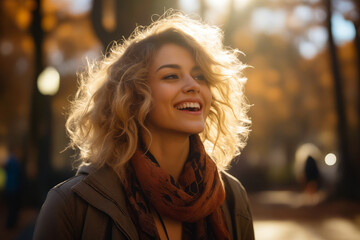 Wall Mural - Woman with scarf around her neck smiling at the camera.