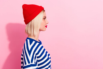 Poster - Side profile cadre of confident young hipster girlfriend wear striped jumper look empty space confident isolated on pink color background