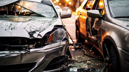 Car accident on wet road during rain, head on collision side view. Two cars damaged after head-on collision, car crash. Car crash on the street, damaged cars after collision. Traffic rules violation
