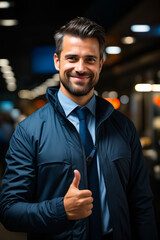 Poster - Man in blue jacket and tie giving thumbs up.