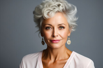 Wall Mural - Woman with white hair and earrings on her neck.