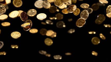 Gold coins raining on black background.