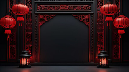 Sticker - An illustration of a grand entrance gate adorned with traditional Chinese lattice work and red lanterns. copy space.