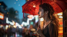 Elegant Woman With Red Umbrella On City Night.
Young Woman Holding A Red Umbrella On A Rainy Evening With Glowing Street Lights.