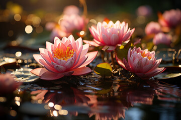 Wall Mural - Generative ai picture pf colorful beautiful lotus water lily flower on pond yoga peace calm inspiration