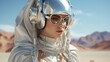 A daring woman, adorned with a silver helmet and glasses, gazes out into the vast expanse of the sky, her goggles shielding her from the bright rays of the sun as she stands confidently
