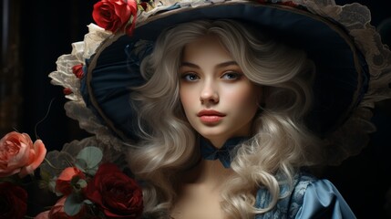 Wall Mural - A delicate doll in a vibrant blue dress adorned with red roses and a whimsical headpiece gazes out from an indoor setting, exuding femininity and grace