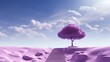 A vibrant journey awaits as a stairway to the heavens leads to a majestic tree, surrounded by a violet sky and infused with hues of magenta and infrared