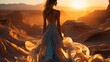 As the sky shifted from fiery oranges to deep purples, a woman stood gracefully in the desert, her flowing dress blending with the rugged landscape