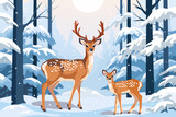Fototapeta Pokój dzieciecy - Beautiful deer in the winter forest. A deer with large magnificent antlers and a cute fawn against a background of snow-covered trees. Christmas design.