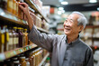 smiling senior Asian man choosing a product in a grocery store. Neural network generated image. Not based on any actual person or scene.