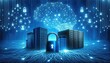 Data storage security protection concept with a safety lock against blue glowing servers and digital overlay with more locks in the air in cyberspace background
