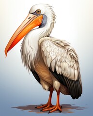  a white pelican with a long beak standing on a blue background Its feathers are a mix of white, black, and orange, and its long orange beak stands out against the 