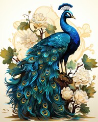Wall Mural -  a painting of a peacock with flowers and leaves around it.  generative ai