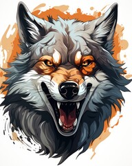 Sticker -  a wolf's head with orange eyes and an angry look.  generative ai