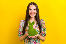 Photo Of Nice Gorgeous Woman With Straight Hairdo Dressed Flower Print Blouse Arms Hold Green Rabbit Isolated On Yellow Color Background