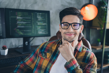 Sticker - Portrait of successful intelligent guy it company ceo sitting chair hand touch chin brainstorming loft interior office inside