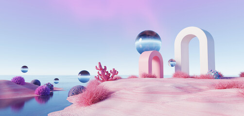 Wall Mural - 3d render, abstract surreal pastel landscape background with arches and podium for showing product, 