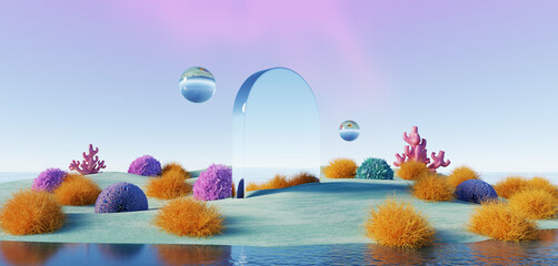 Wall Mural - 3d render, abstract surreal pastel landscape background with arches and podium for showing product, 