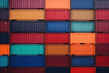 Close-up of containers stacked in the storage area of a shipping port.