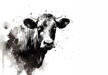 Black And White Watercolor Painting Of A Cow On A White Background. Farm Animals.