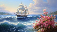 Painting Style Illustration, Sailing Boat In Rough Sea With Flower Blossom, Generative Ai