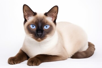 Wall Mural - Photo of a graceful Burmese cat with its expressive eyes on a clean white sheet. Generative AI